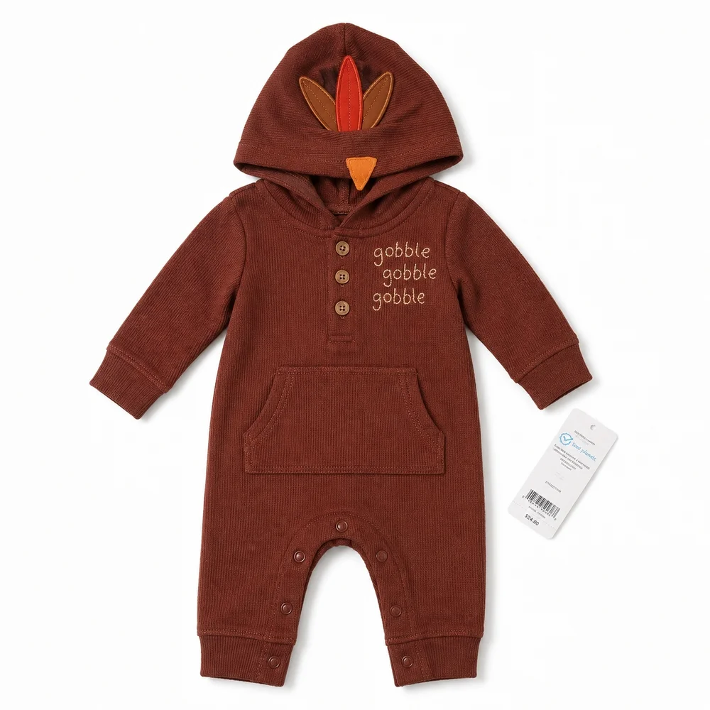 Carter's Brown Hooded Gobble Gobble Romper with Orange & Tan Accents